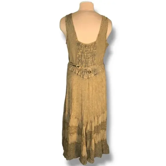 Vintage 90s Brown Boho Embroidered Crinkle Maxi Sleeveless Sundress Plus Size 1X - Picture 2 of 11